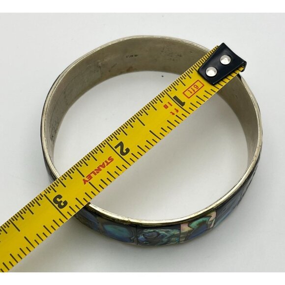 Vintage Mexico Abalone Shell Bangle Bracelet Silver Tone Iridescent Inlay - Picture 5 of 8